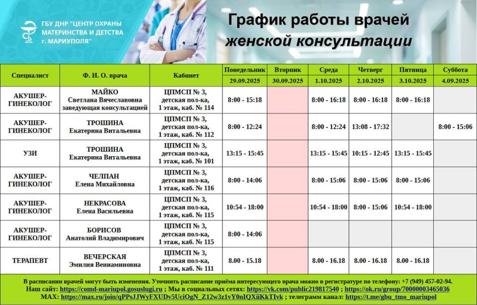 График работы врачей ГБУ ДНР "Центр охраны материнства и детства г. Мариуполя" 29.09.2025г. - 04.10.2025г