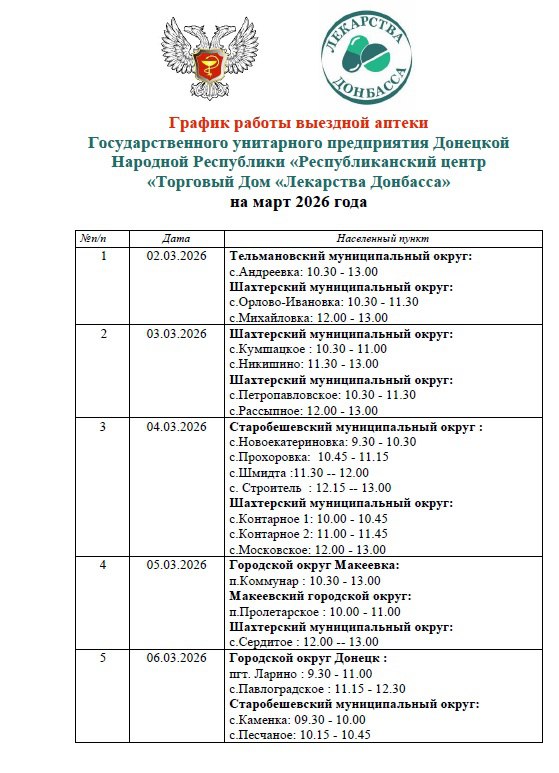 Минздравом ДНР утвержден график выезда автоаптеки на март в населенные пункты городских округов Мариуполь, Макеевка, Дебальцево, а также в Амвросиевский, Волновахский, Докучаевский, Новоазовский, Старобешевский...