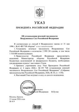 Штатная численность Вооруженных Сил Российской Федерации установлена в количестве 2 399 310 единиц, в том числе 1 510 000 военнослужащих